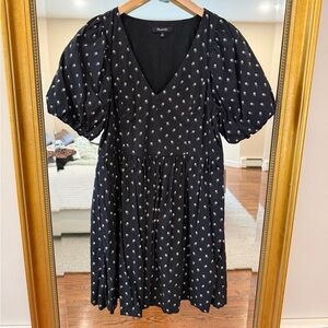 Madewell Black V-Neck Puff Sleeve Mini Dress with White Floral Dots